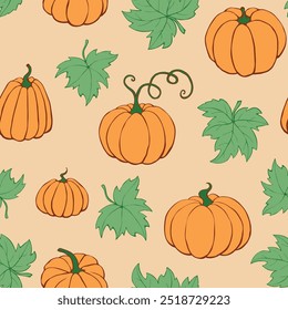 Vector seamless pattern with pumpkins in doodle flat style. Halloween or thanksgiving background and texture.