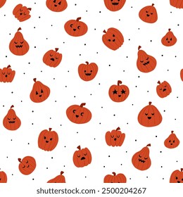 Vector seamless pattern with pumpkins and dots. Cute halloween pattern in hand drawn cartoon style. Magic illustration with pumpkins and different emotions