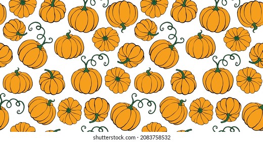 Vector seamless pattern with pumpkins in flat style. Halloween or thanksgiving color background and texture