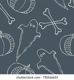 Vector seamless pattern with pumpkins, ghost, bones. Holidays print. Background for Halloween 31 october. Good for fabric, textile, wrapping, poster, banner, web.