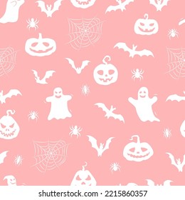 Vector seamless pattern with pumpkins, ghosts, bats and spider web. Halloween design for wrappings, textile, wallpaper and backgrounds.