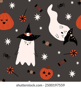 Vector seamless pattern with pumpkins and ghosts. Cute halloween pattern in hand drawn cartoon style. Magic illustration with lollipops, ghosts, pumpkins, spider