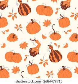 Vetor padrão sem emenda com abóboras, cabaças e folhas de outono no fundo claro. Perfeito para design de queda, Ação de Graças, decoração de colheita, embalagem, tecido e projetos sazonais