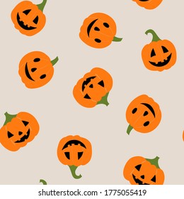 Vector seamless pattern with pumpkins for Halloween. Funny Halloween pattern on a beige background. Flat cartoon illustration. For fabric, wrapping paper, textiles.