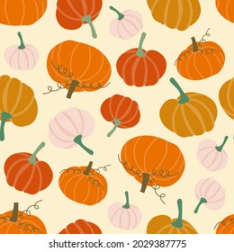 Vector seamless pattern with pumpkins. Hand drawn colorful illustrations. Background for autumn celebrations: Halloween, Thanksgiving Day, Harvest Festival.