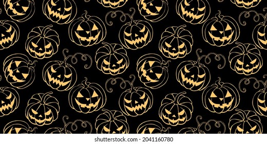 Vector Seamless pattern with pumpkins, Jack o Lantern. Halloween backgrounds and textures in flat doodle style, isolated