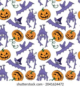 Vector seamless pattern with pumpkins, Jack o lantern, witch shifters and cute bats. Color bright Halloween texture in cartoon, flat, doodle style