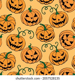 Vector Seamless pattern with pumpkins, Jack o Lantern. Halloween backgrounds and textures in flat doodle style, isolated