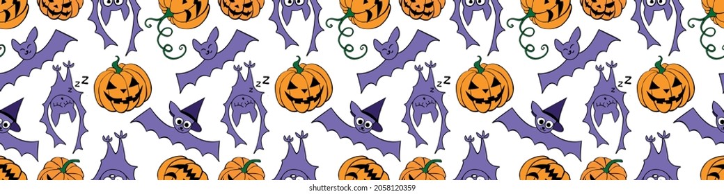 Vector seamless pattern with pumpkins, Jack o lantern, witch shifters and cute bats. Color bright Halloween texture in cartoon, flat, doodle style