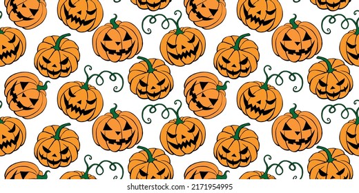 Vector Seamless pattern with pumpkins, Jack o Lantern. Halloween backgrounds and textures in flat doodle style, isolated