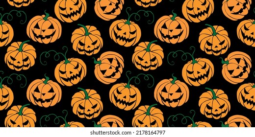 Vector Seamless pattern with pumpkins, Jack o Lantern. Halloween backgrounds and textures in flat doodle style, isolated