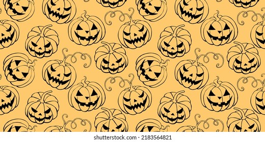 Vector Seamless pattern with pumpkins, Jack o Lantern. Halloween backgrounds and textures in flat doodle style, isolated