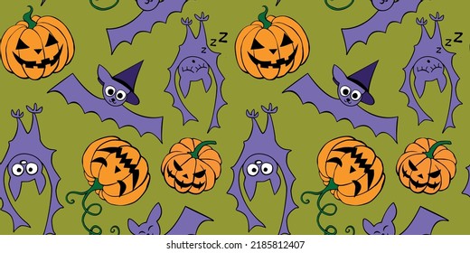 Vector seamless pattern with pumpkins, Jack o lantern, witch shifters and cute bats. Color bright Halloween texture in cartoon, flat, doodle style