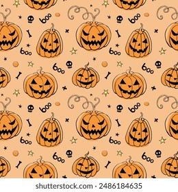 Vector Seamless pattern with pumpkins, Jack o Lantern. Halloween backgrounds and textures in flat doodle style, isolated.