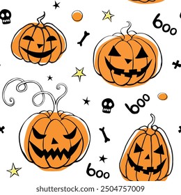 Vector Seamless pattern with pumpkins, Jack o Lantern. Halloween backgrounds and textures in flat doodle style, isolated.