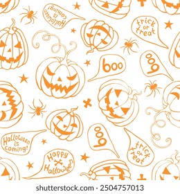 Vector Seamless pattern with pumpkins, Jack o Lantern. Halloween backgrounds and textures in flat doodle style, isolated.