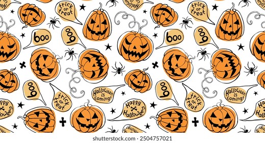 Vector Seamless pattern with pumpkins, Jack o Lantern. Halloween backgrounds and textures in flat doodle style, isolated.