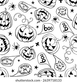 Vector Seamless pattern with pumpkins, Jack o Lantern. Halloween backgrounds and textures in flat doodle style, isolated.