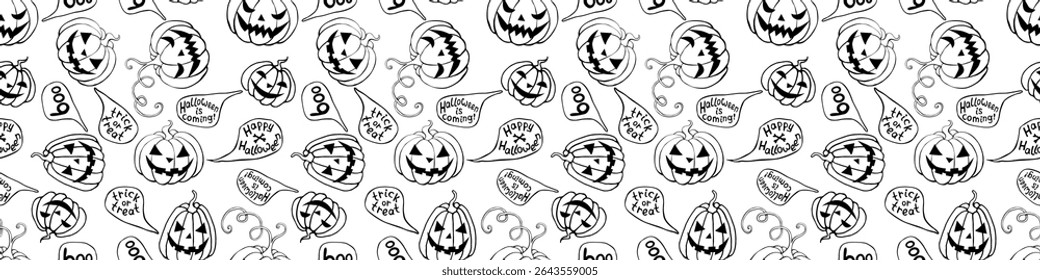 Vector Seamless pattern with pumpkins, Jack o Lantern. Halloween backgrounds and textures in flat doodle style, isolated.