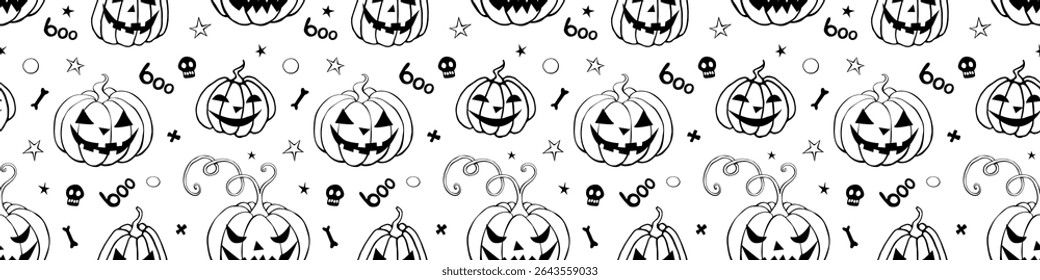 Vector Seamless pattern with pumpkins, Jack o Lantern. Halloween backgrounds and textures in doodle style, isolated.