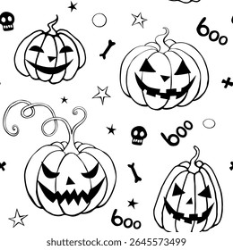 Vector Seamless pattern with pumpkins, Jack o Lantern. Halloween backgrounds and textures in doodle style, isolated.