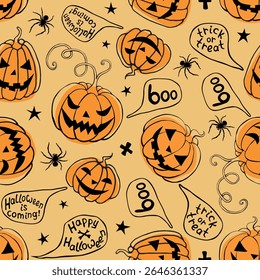 Vector Seamless pattern with pumpkins, Jack o Lantern. Halloween backgrounds and textures in flat doodle style, isolated.
