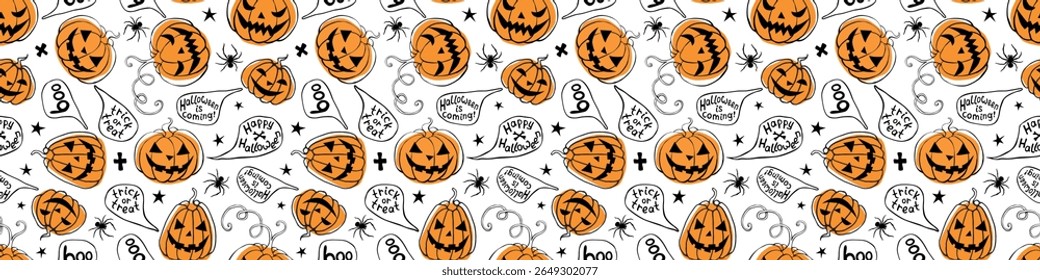 Vector Seamless pattern with pumpkins, Jack o Lantern. Halloween backgrounds and textures in flat doodle style, isolated.