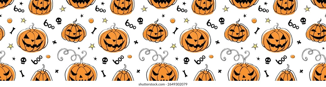 Vector Seamless pattern with pumpkins, Jack o Lantern. Halloween backgrounds and textures in flat doodle style, isolated.