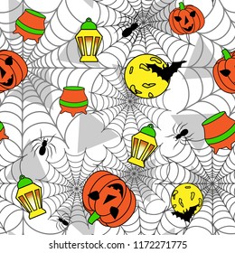 Vector seamless pattern with pumpkins, lanterns, bats and potion. Cute, bright ornament for Halloween decorations
