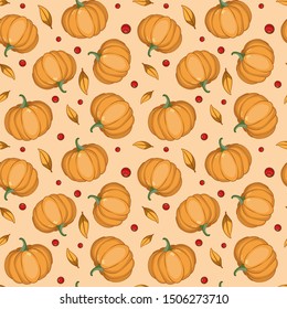 Vector seamless pattern with pumpkins and leaves on beige background for fabric, wallpaper, textile, web design.