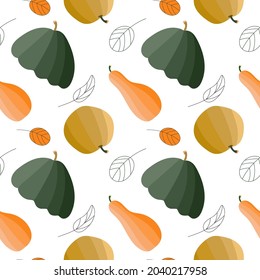 Vector seamless pattern with pumpkins and leaves on white background.Seasonal cozy design prints,textile,decoration,holidays