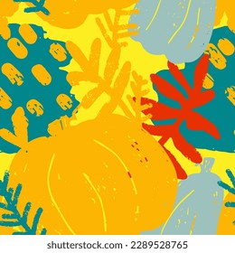 Vector seamless pattern pumpkins and leaves, texture abstract grunge background, trendy grungy print