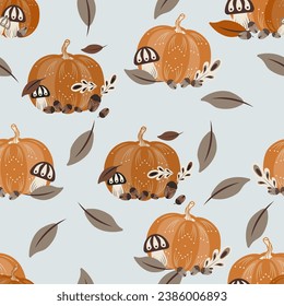 Vector seamless pattern with pumpkins and leaves. Harvest botanical print is perfect for seasonal decor, wrapping paper or textile