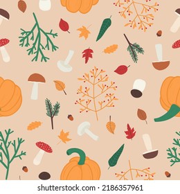 Vector seamless pattern with pumpkins, mushrooms and leaves. For fall decoration, fabric, kitchen textile, feast invitation, towel print, cover of cooking book, packaging design, template labels.