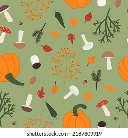 Vector seamless pattern with pumpkins, mushrooms and leaves. For fall decoration, fabric, kitchen textile, feast invitation, towel print, cover of cooking book, packaging design, template labels.