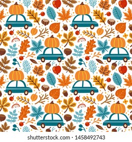 Vector seamless pattern with pumpkins on car, falling leaves, autumn floral elements. Bright repeated texture for fall season. Wrapping paper. Harvest time. Autumn background with acorns, nuts, leaves