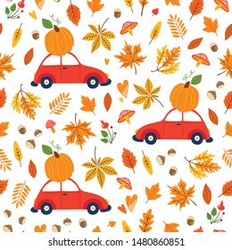 Vector seamless pattern with pumpkins on car, falling leaves, autumn floral elements. Bright repeated texture for fall season. Wrapping paper. Harvest time. Autumn background with acorns, nuts, leaves