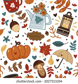 Vector seamless pattern with pumpkins on car, falling leaves, autumn floral elements. Bright repeated texture for fall season. Wrapping paper. Harvest time. Autumn background with acorns, leaves, mush