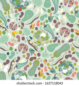 Vector seamless pattern with pumpkins, pears, turnips and beans.