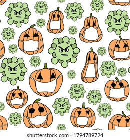 vector seamless pattern with pumpkins in protective masks and coronavirus molecules. Halloween during the coronavirus pandemic.