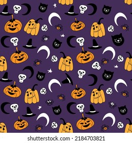 Vector seamless pattern with pumpkins, skulls on a dark background for halloween.