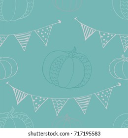 Vector seamless pattern with pumpkins and string of flags. Holidays print with garland and autumn harvest. Background for Halloween 31 october. Good for fabric, textile, wrapping, poster, banner, web.