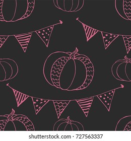 Vector seamless pattern with pumpkins and string of flags. Holidays print with garland and autumn harvest. Background for Halloween 31 october. Good for fabric, textile, wrapping, poster, banner, web.