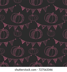 Vector seamless pattern with pumpkins and string of flags. Holidays print with garland and autumn harvest. Background for Halloween 31 october. Good for fabric, textile, wrapping, poster, banner, web.