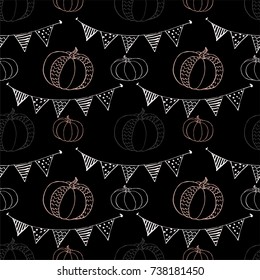 Vector seamless pattern with pumpkins and string of flags. Holidays print with garland and autumn harvest. Background for Halloween 31 october. Good for fabric, textile, wrapping, poster, banner, web.