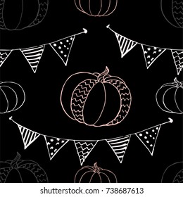 Vector seamless pattern with pumpkins and string of flags. Holidays print with garland and autumn harvest. Background for Halloween 31 october. Good for fabric, textile, wrapping, poster, banner, web.