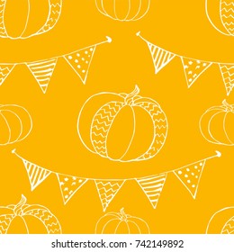 Vector seamless pattern with pumpkins and string of flags. Holidays print with garland and autumn harvest. Background for Halloween 31 october. Good for fabric, textile, wrapping, poster, banner, web.
