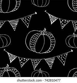 Vector seamless pattern with pumpkins and string of flags. Holidays print with garland and autumn harvest. Background for Halloween 31 october. Good for fabric, textile, wrapping, poster, banner, web.