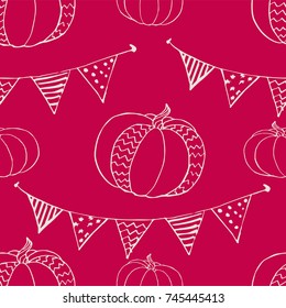 Vector seamless pattern with pumpkins and string of flags. Holidays print with garland and autumn harvest. Background for Thanksgiving. Good for fabric, textile, wrapping, poster, banner, web.