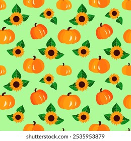 Vector - seamless pattern of pumpkins and sunflowers.